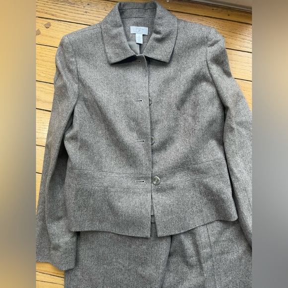 Ann Taylor Loft pant suit set brown herringbone virgin wool Laura size 8L long - Picture 2 of 9